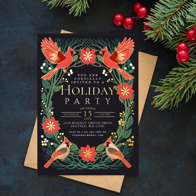 Enchanted Rustic Christmas Cardinals Holiday Party Foil Invitation (Creator Uploaded)