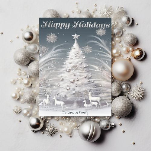 Enchanted Silver Frosted Tree  Reindeer Christmas Holiday Card