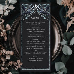 Enchanted Silver Gothic Raven Wedding Menu<br><div class="desc">Elegant and gothic wedding design with ravens and foliage. This design features a black background,  dark blue ravens and muted green leaves with silver accents. Matching Items in our shop for a complete party theme.</div>