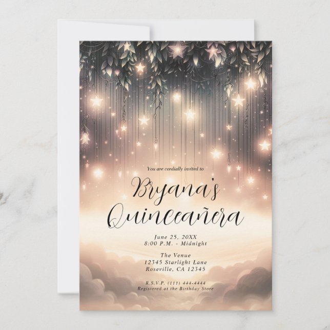 Enchanted Sky Tree Glow Stars & Clouds Quinceañera Invitation (Front)