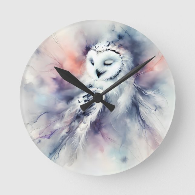 Enchanted Snowy Owl in Watercolor Round Clock (Front)