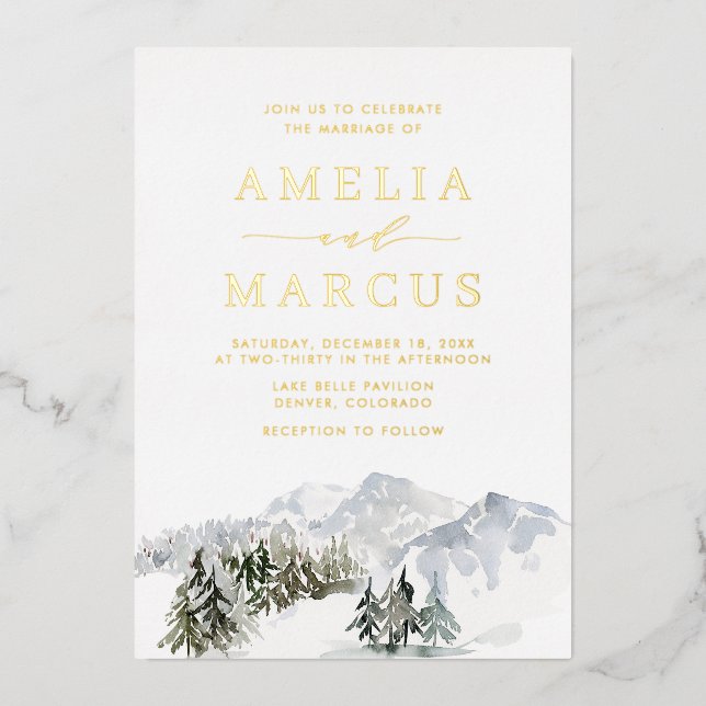Enchanted Snowy Winter Forest Woodland Wedding Foil Invitation (Front)