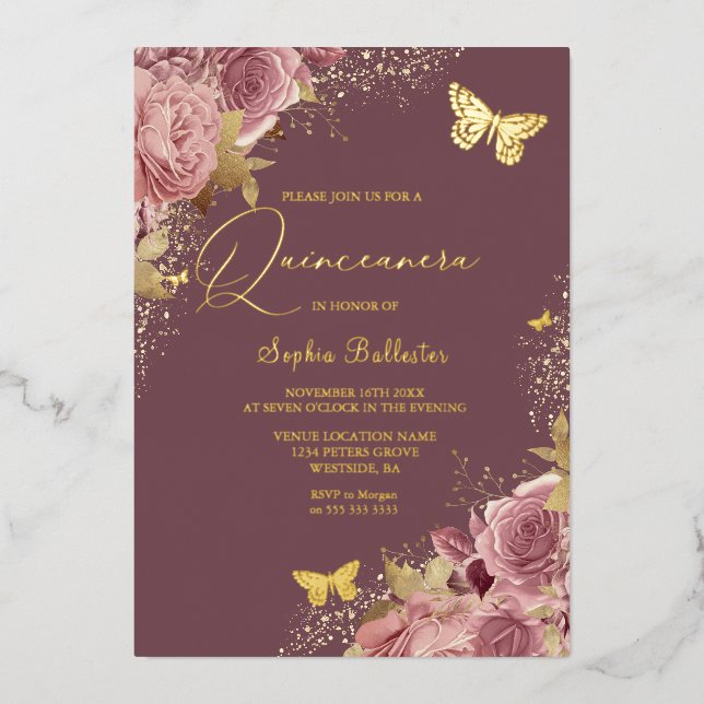 Enchanted Sophia Butterfly Quinceanera Golden Foil Invitation (Front)