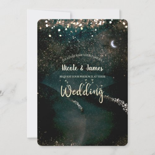 Enchanted Sparkly Starry Moon in Sky Night Wedding Invitation