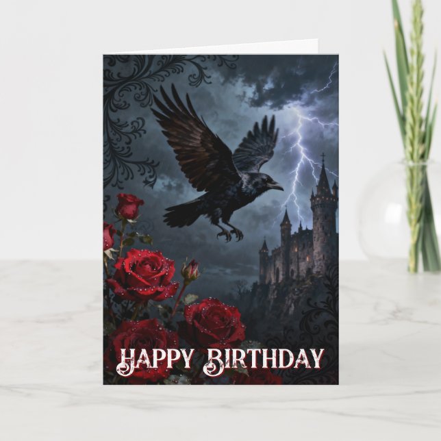 Enchanted Spooky Gothic Castle Raven Birthday Card (Front)