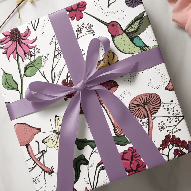 Enchanted Spring Garden Hummingbird Floral Wrapping Paper (Vibrant enchanted garden with cute hummingbird, mushrooms, wildflowers and fairy vibe swirls. )