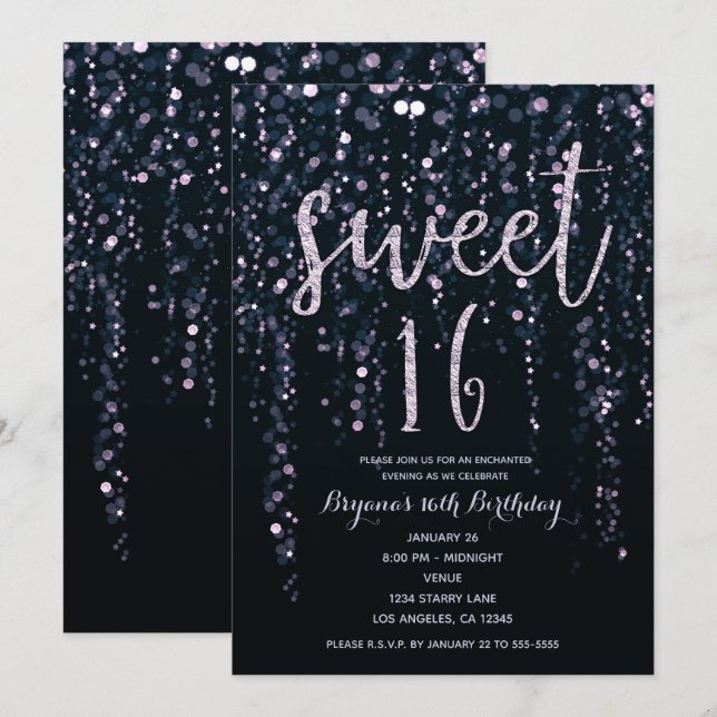 Enchanted Star Lights Lavender Purple Sweet 16  In Invitation (Front/Back)