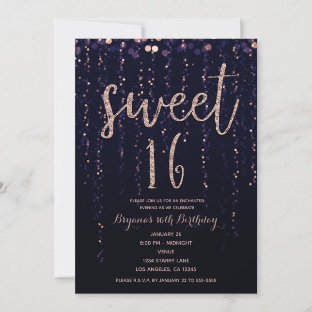 Enchanted Star Lights Purple & Gold Sweet 16 Party Invitation (Front)