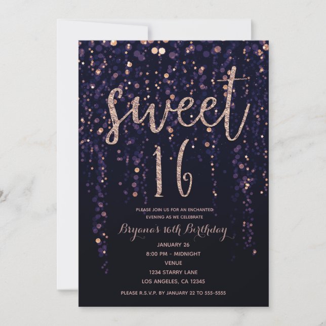 Enchanted Star Lights Purple & Gold Sweet 16 Party Invitation (Front)