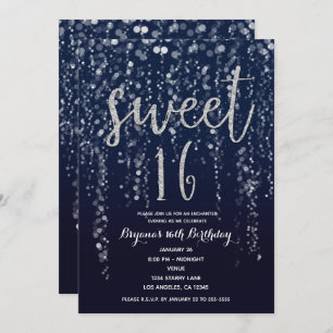 Enchanted Star Lights Silver & Blue Sweet 16 Party Invitation