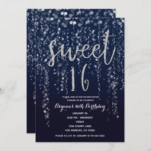 Enchanted Star Lights Silver  Blue Sweet 16 Party Invitation