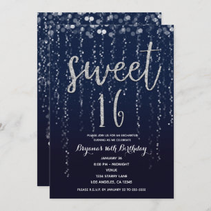 Enchanted Star Lights Silver & Blue Sweet 16 Party Invitation