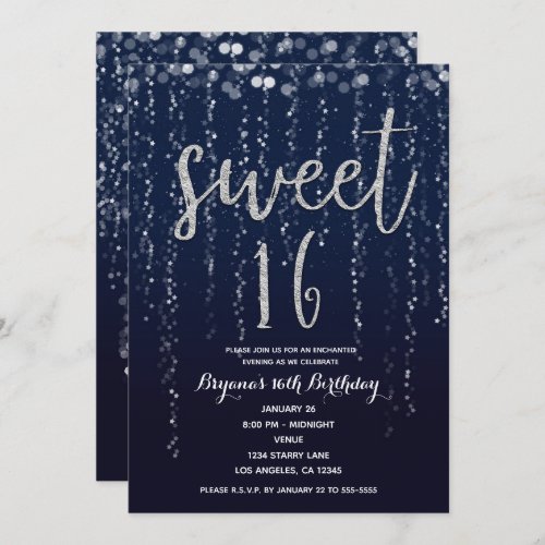 Enchanted Star Lights Silver  Blue Sweet 16 Party Invitation