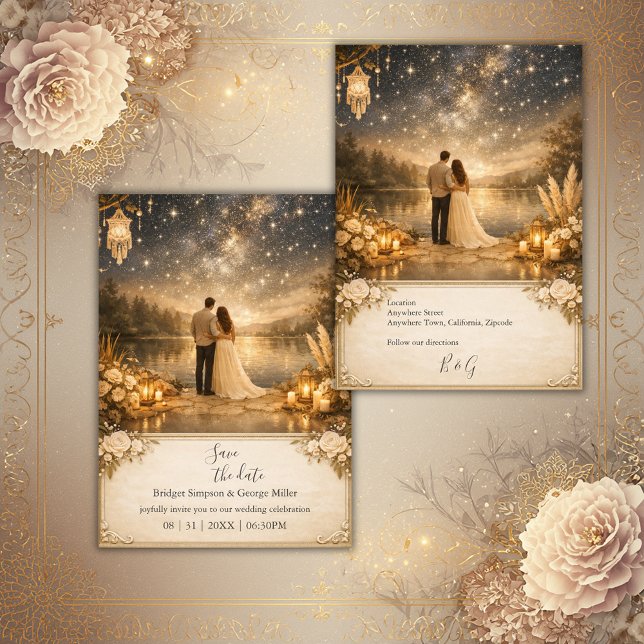 enchanted Starry Night Lake Blue & Gold Wedding Invitation (Creator Uploaded)