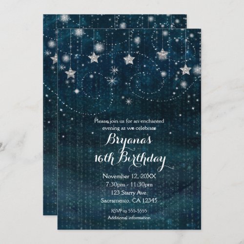 Enchanted Starry Night Silver  Blue Party Invitation