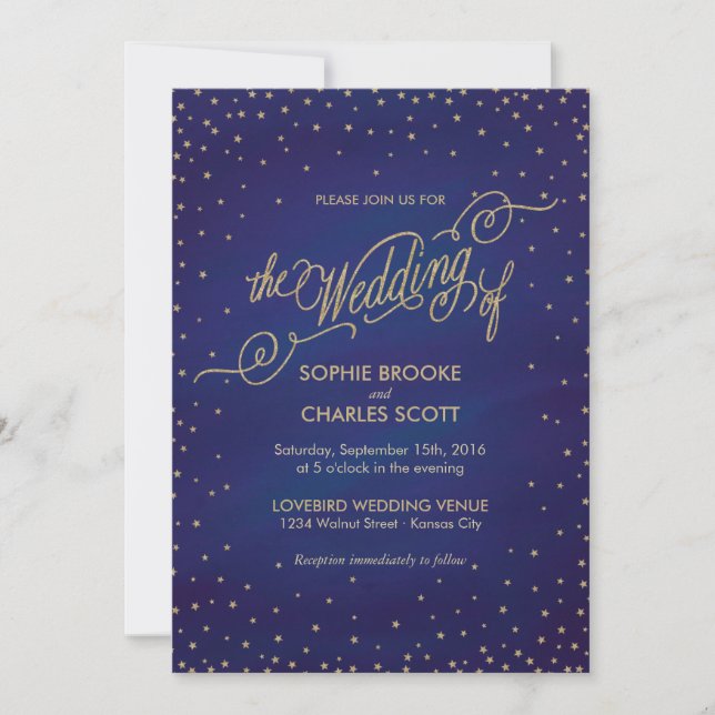 Enchanted Stars Blue & Gold Fairytale Wedding Invitation (Front)