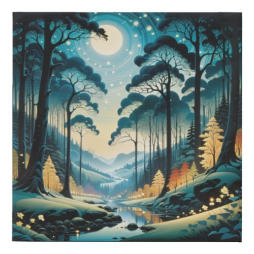 Enchanted Stream in the Forest Night Faux Canvas Print