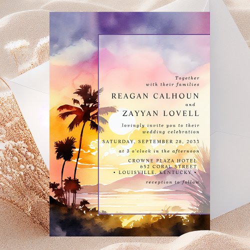 Enchanted Sunset Evening Palm Watercolor Wedding Invitation