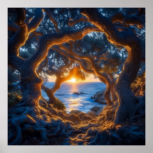Enchanted Sunset under Tree Canopy Poster