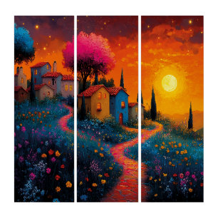 Enchanted Sunset Village Triptych
