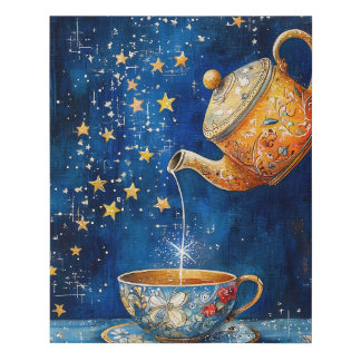 Enchanted Tea Pot & Cup Celestial Faux Canvas Print