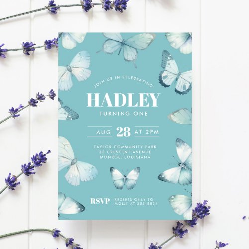 Enchanted Teal Blue Butterfly Girl Birthday Invitation