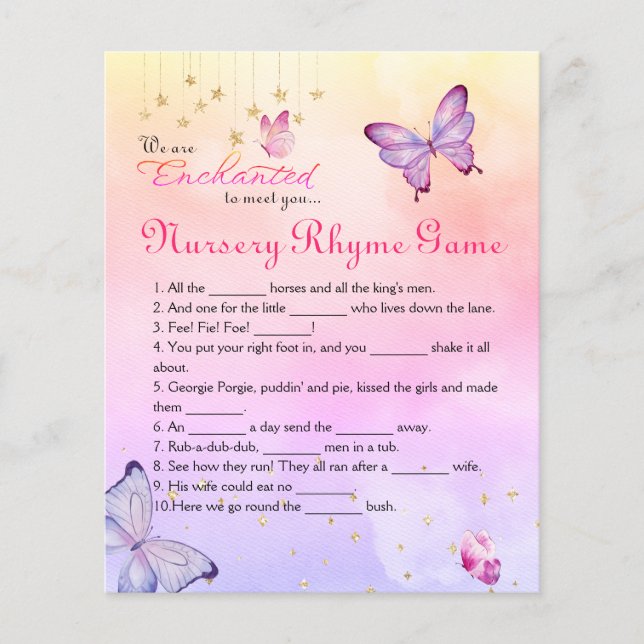 Enchanted To Meet Butterfly Baby Shower Rhyme Game (Front)