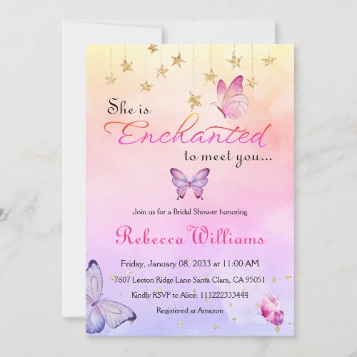 Enchanted To Meet Pink Butterfly Bridal Shower Invitation