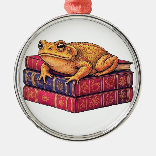 Enchanted Toad on Ancient Books - Unique Art Metal Ornament (Front)