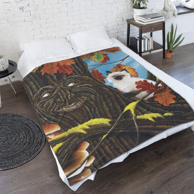 Enchanted Tree Ent Autumn Leaves Siamese Cat Fleece Blanket (Creator Uploaded)