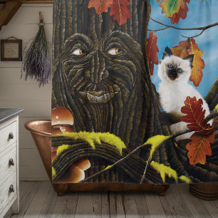 Enchanted Tree Ent Autumn Leaves Siamese Cat Shower Curtain