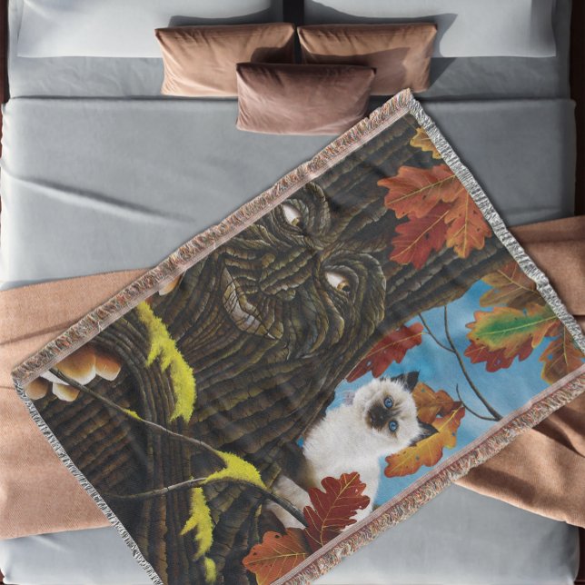 Enchanted Tree Ent Autumn Leaves Siamese Cat Throw Blanket (Creator Uploaded)