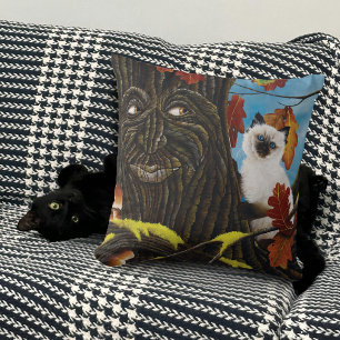 Enchanted Tree Ent Cat Autumn Leaves Siamese Cat Throw Pillow