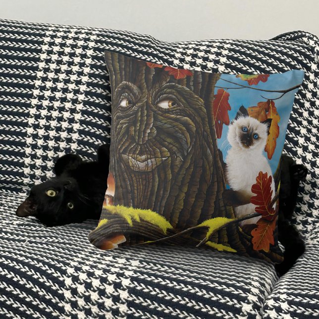 Enchanted Tree Ent Cat Autumn Leaves Siamese Cat Throw Pillow (Creator Uploaded)