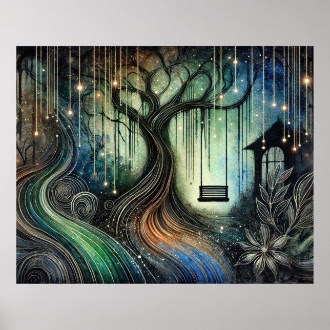 Enchanted Tree Swing and Glowing Lights at Night Poster (Front)