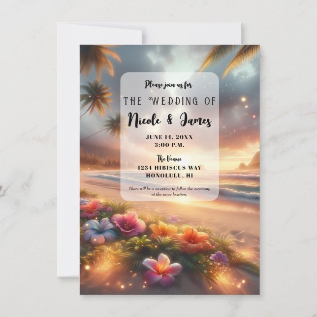 Enchanted Tropical Beach Magical Hibiscus Wedding Invitation (Front)