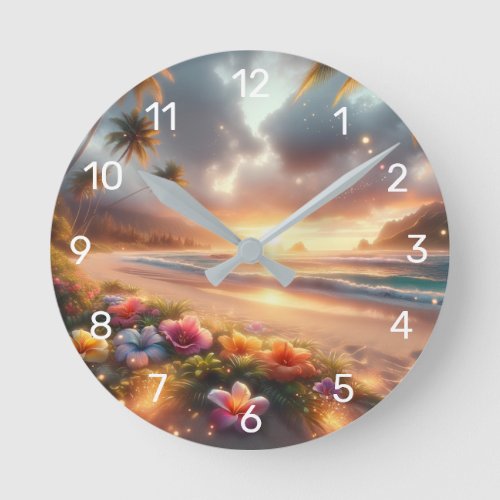 Enchanted Tropical Beach with Magical Hibiscus Round Clock