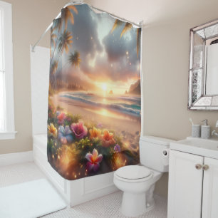 Enchanted Tropical Beach with Magical Hibiscus Shower Curtain