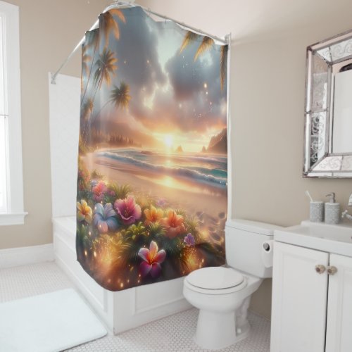 Enchanted Tropical Beach with Magical Hibiscus Shower Curtain