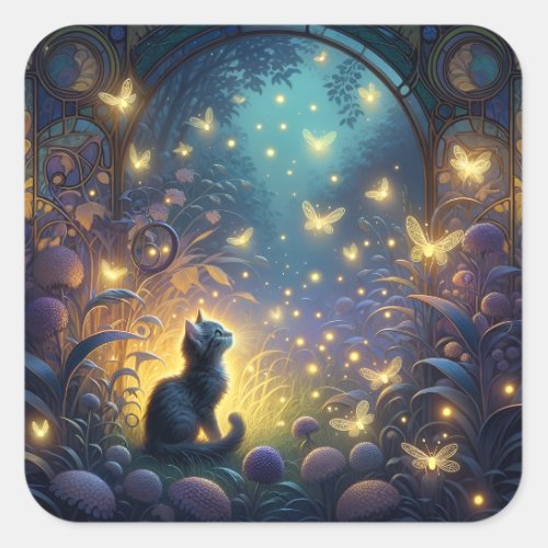 Enchanted Twilight Art Nouveau Kitten Square Sticker