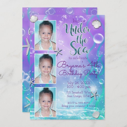 Enchanted Under the Sea Purple Teal 3 Photo Party Invitation