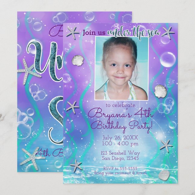 Enchanted Under the Sea Purple Teal Photo Party Invitation (Front/Back)