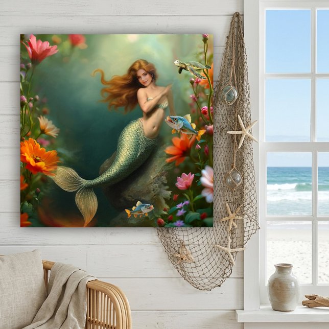 Enchanted Underwater Ocean Garden Mermaid Acrylic Print (Enchanted underwater garden wall art featuring a mermaid and colorful flowers)