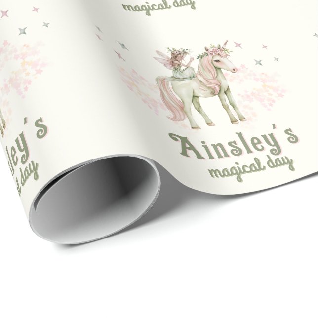 Enchanted Unicorn and Fairy Personalized Birthday Wrapping Paper (Roll Corner)