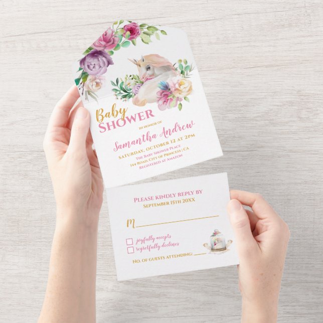 Enchanted Unicorn Delicate Baby Girl Baby Shower  All In One Invitation (Tearaway)