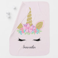 Enchanted Unicorn Face Glitter Floral Baby Blanket