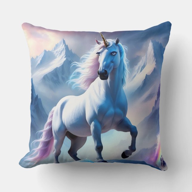 Enchanted Unicorn in a Snowy Fantasy Throw Pillow (Front)