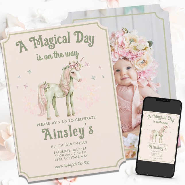 Enchanted Unicorn Personalized Photo Pink Birthday Invitation (Creator Uploaded)