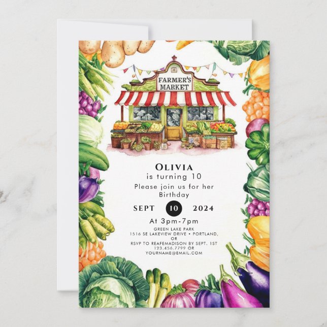  Enchanted Veggies Farmers Market Birthday Invitation (Front)