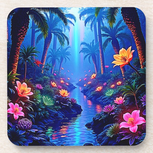 Enchanted Vibrant River Forest Dream Beverage Coaster (Front)